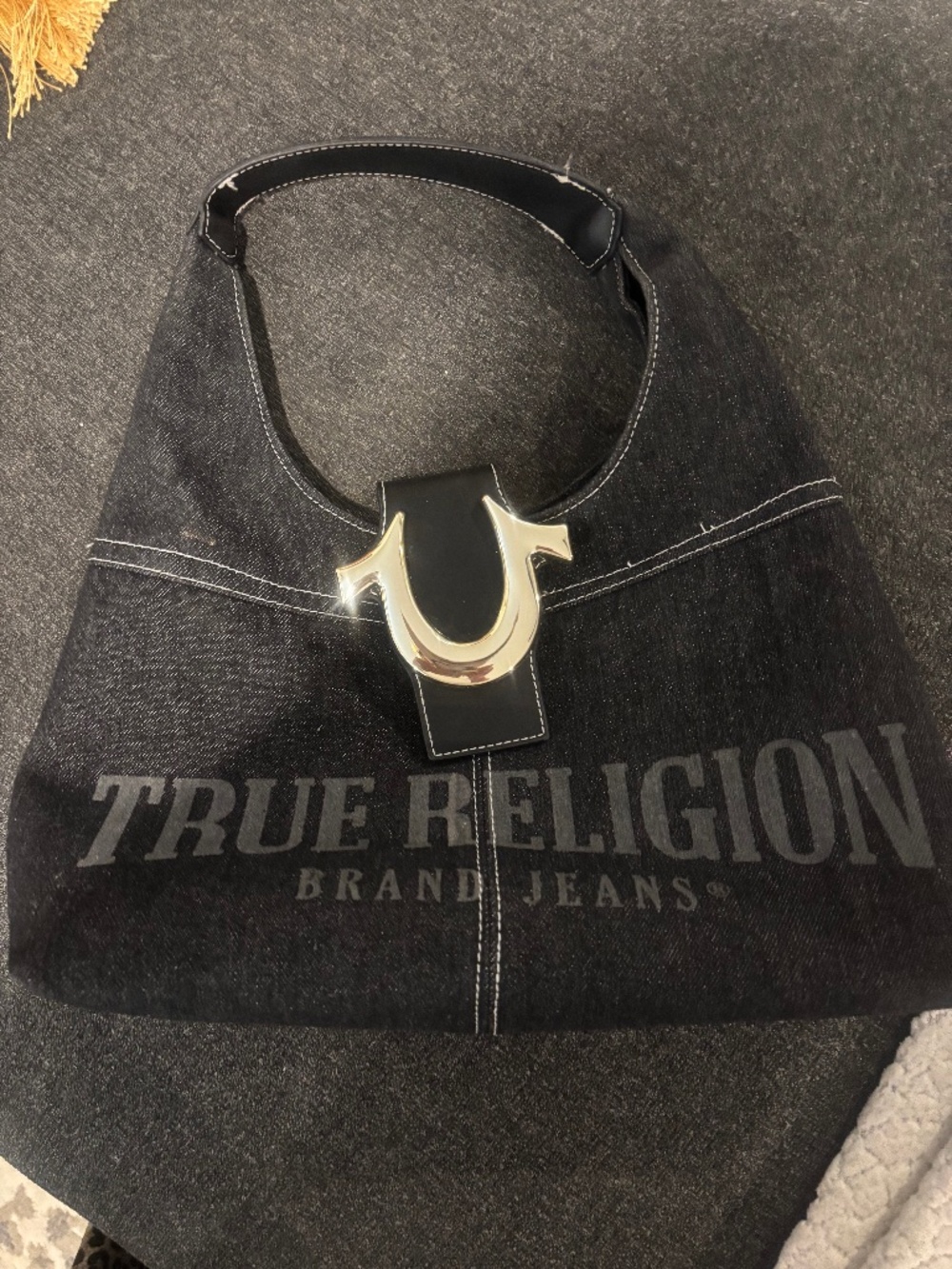 TRENDY TRUE RELIGION BLACK  DENIM BAG SILVER BUCKEL CLOSURE